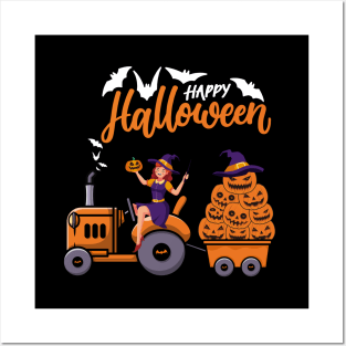 Happy Halloween costume witch Riding Tractor Boys Kids Posters and Art